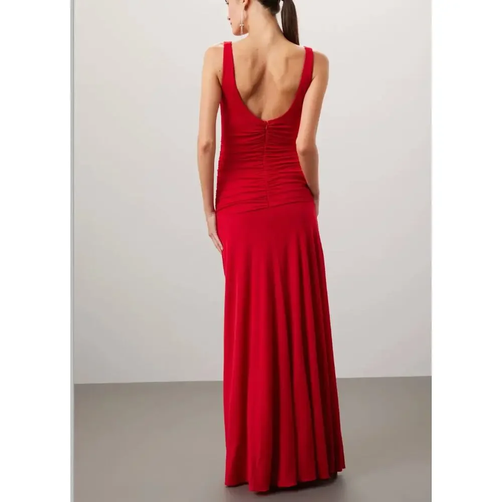 Zac Posen Red Cutout Waist Maxi Dress Size 10 Jersey Ruched Gown Designer $550 - Picture 2 of 11